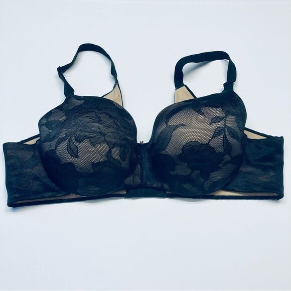 Cacique Lightly Lined Balconette Lace Bra Size 38C Black Floral Lace Overlay - Picture 1 of 6